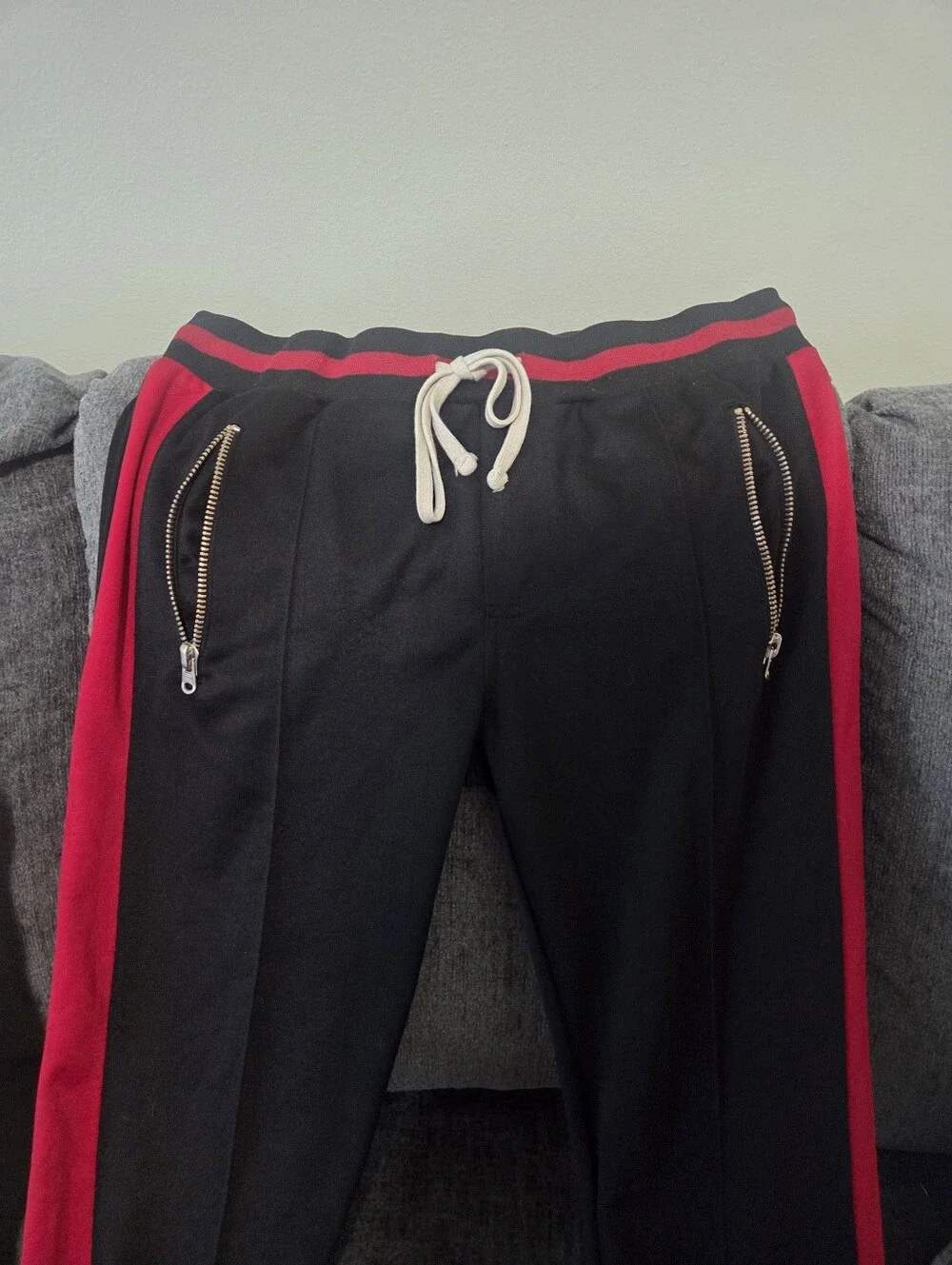 Men's Mnml Black Track Pants with Red Side Stripe